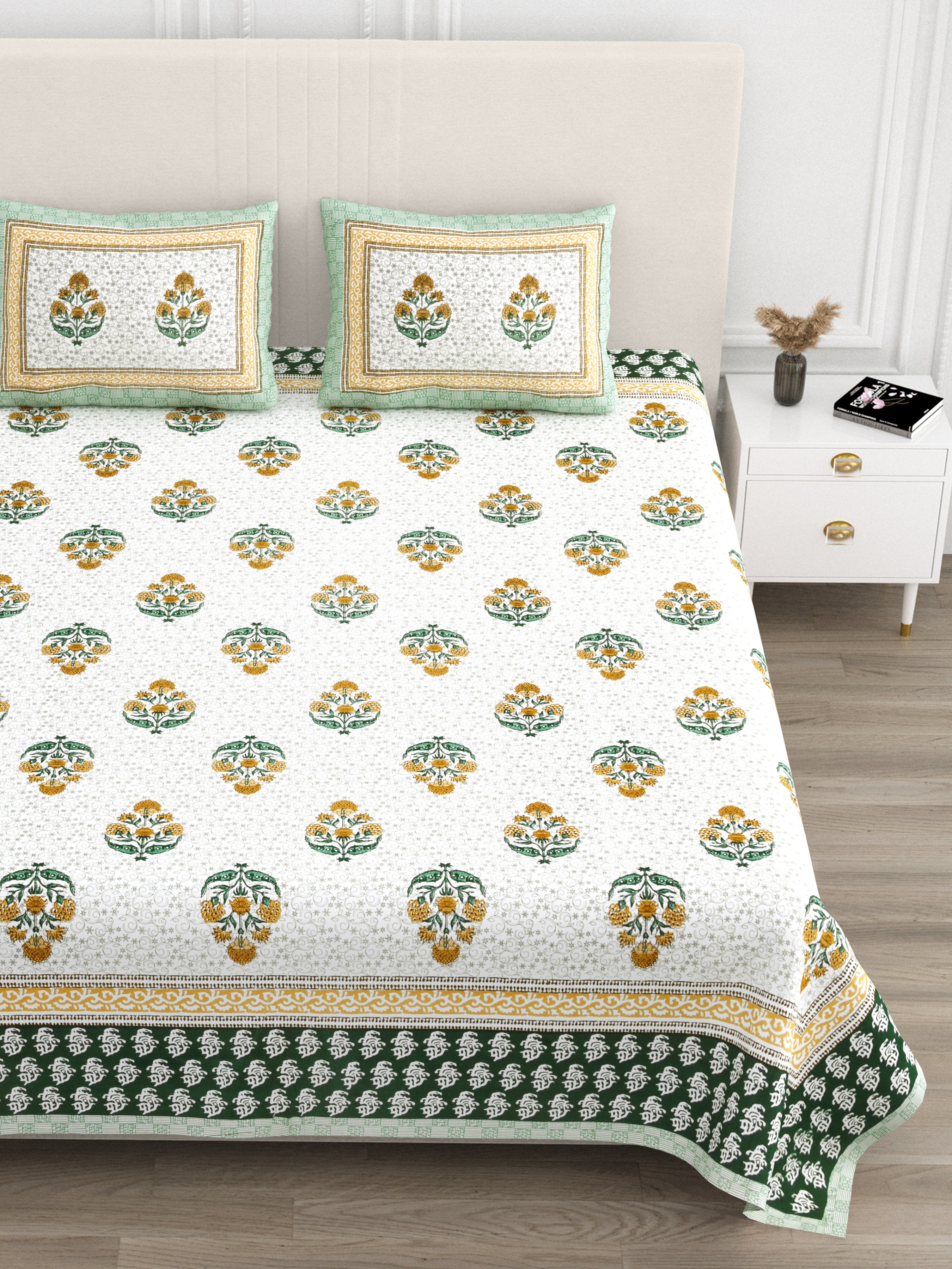 Luxe 100% Pure Cotton Printed Double Bed Bedsheet – With 2 Pillow Covers