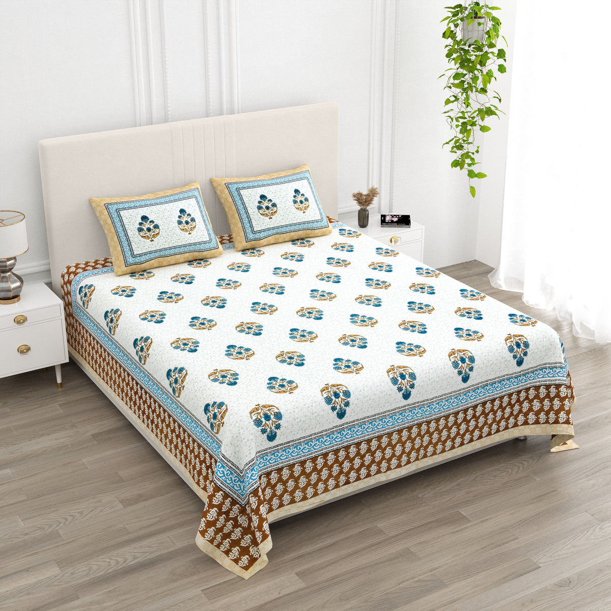Luxe 100% Pure Cotton Printed Double Bed Bedsheet – With 2 Pillow Covers