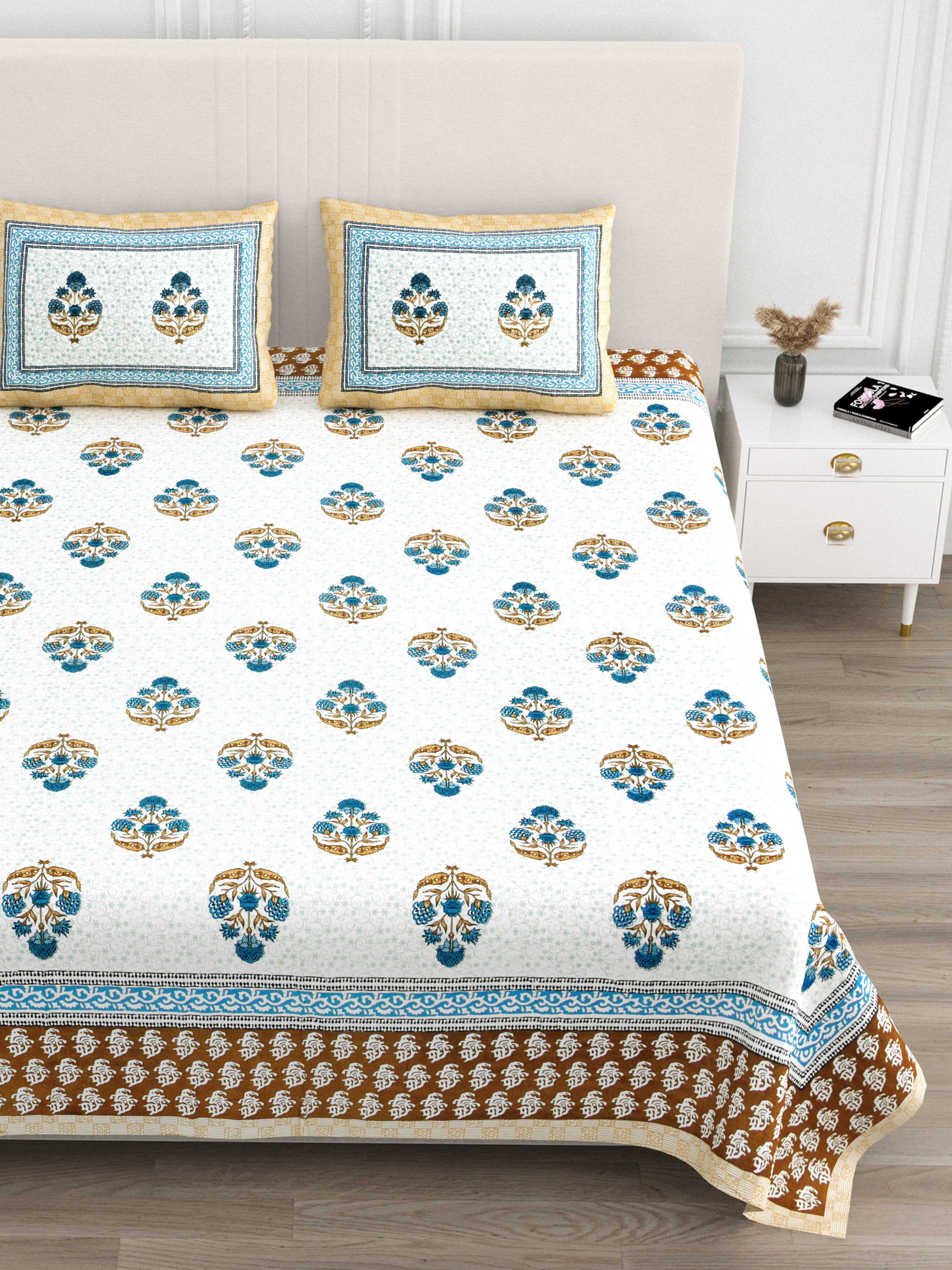 Luxe 100% Pure Cotton Printed Double Bed Bedsheet – With 2 Pillow Covers