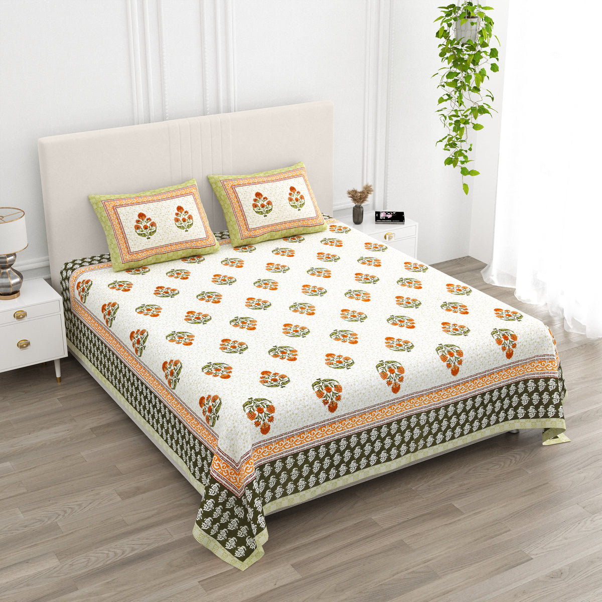 Luxe 100% Pure Cotton Printed Double Bed Bedsheet – With 2 Pillow Covers