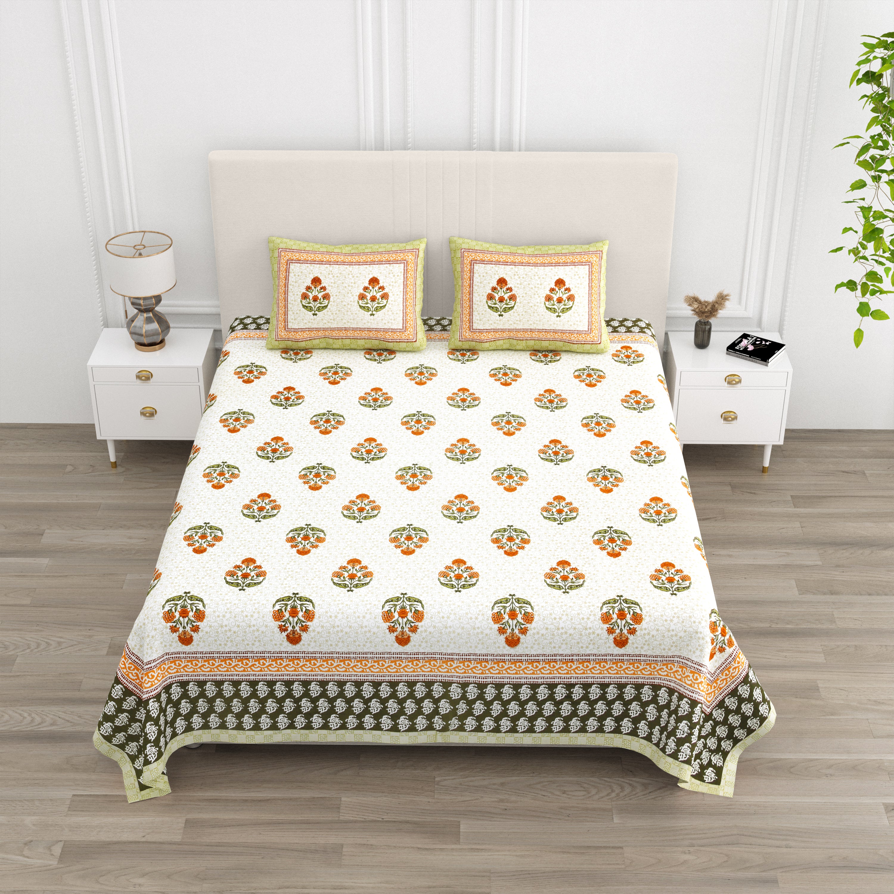 Luxe 100% Pure Cotton Printed Double Bed Bedsheet – With 2 Pillow Covers