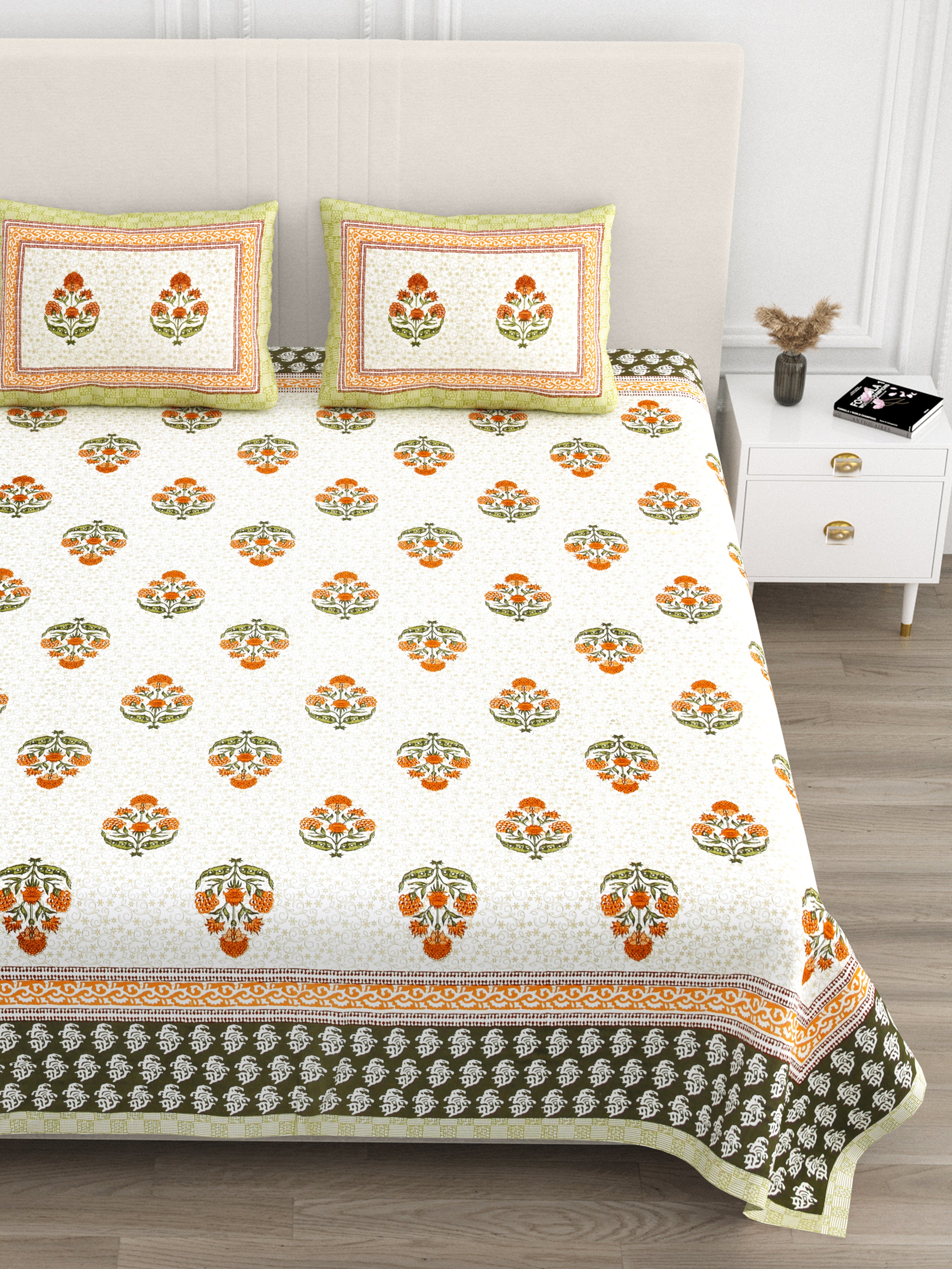 Luxe 100% Pure Cotton Printed Double Bed Bedsheet – With 2 Pillow Covers
