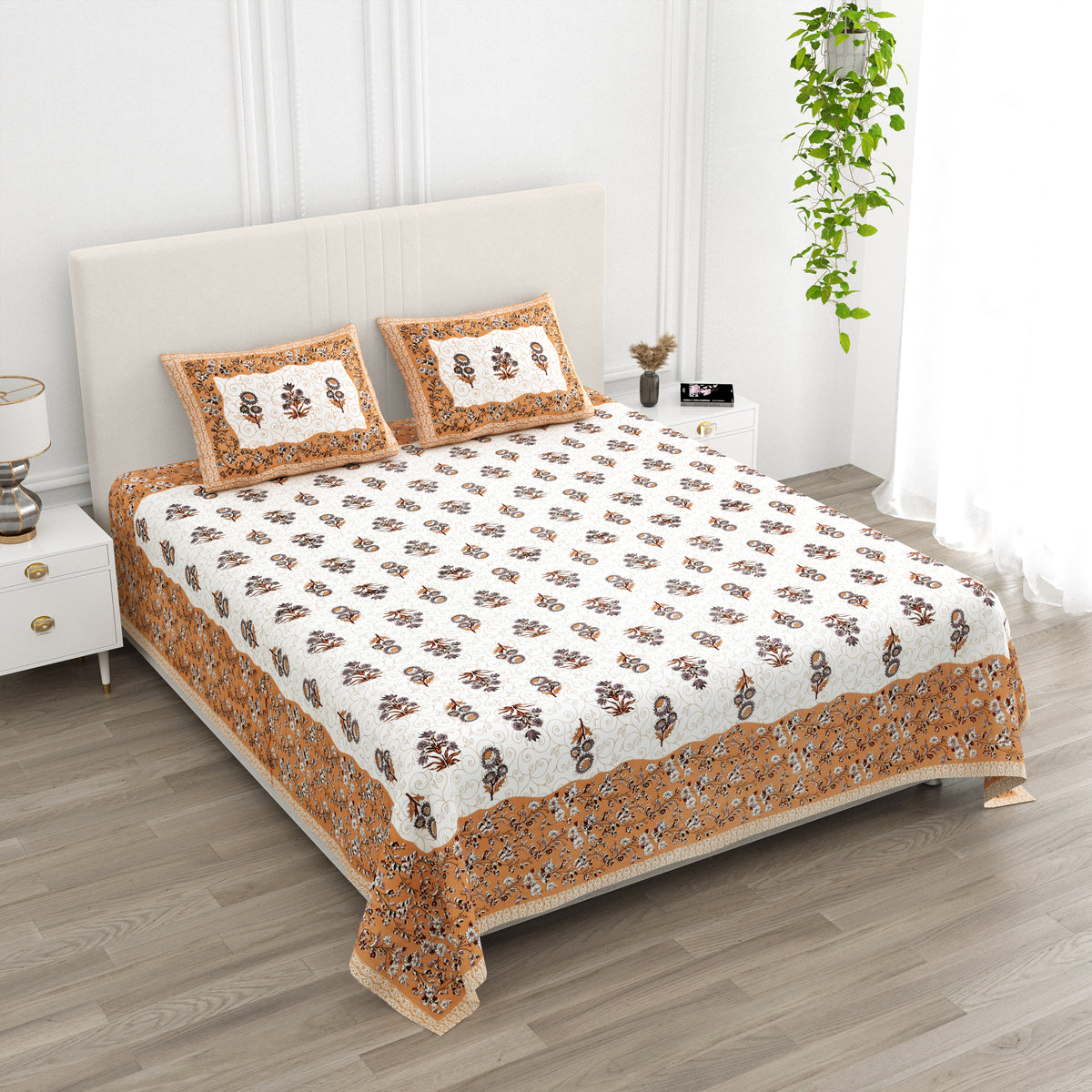 Luxe 100% Pure Cotton Printed Double Bed Bedsheet – With 2 Pillow Covers