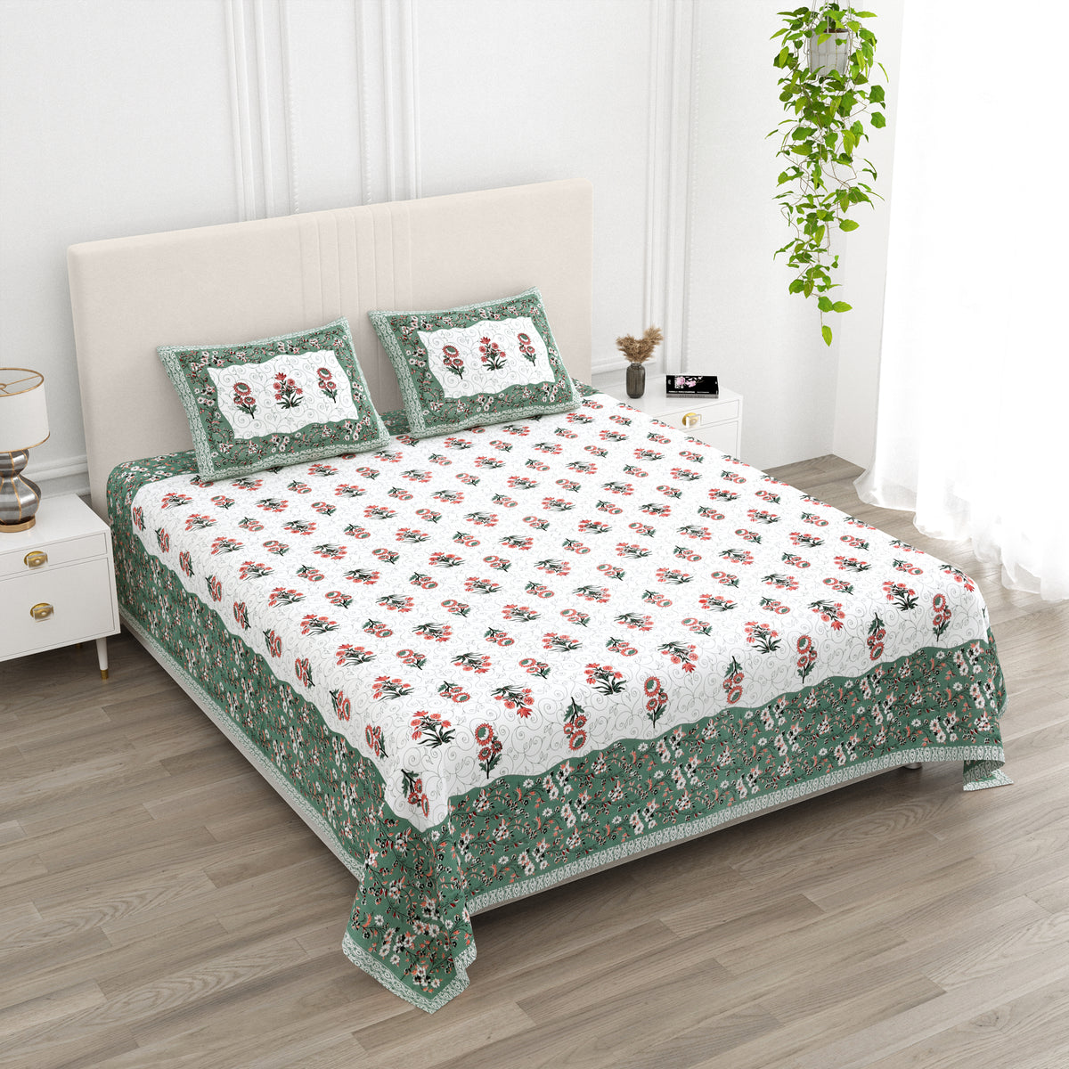 Luxe 100% Pure Cotton Printed Double Bed Bedsheet – With 2 Pillow Covers