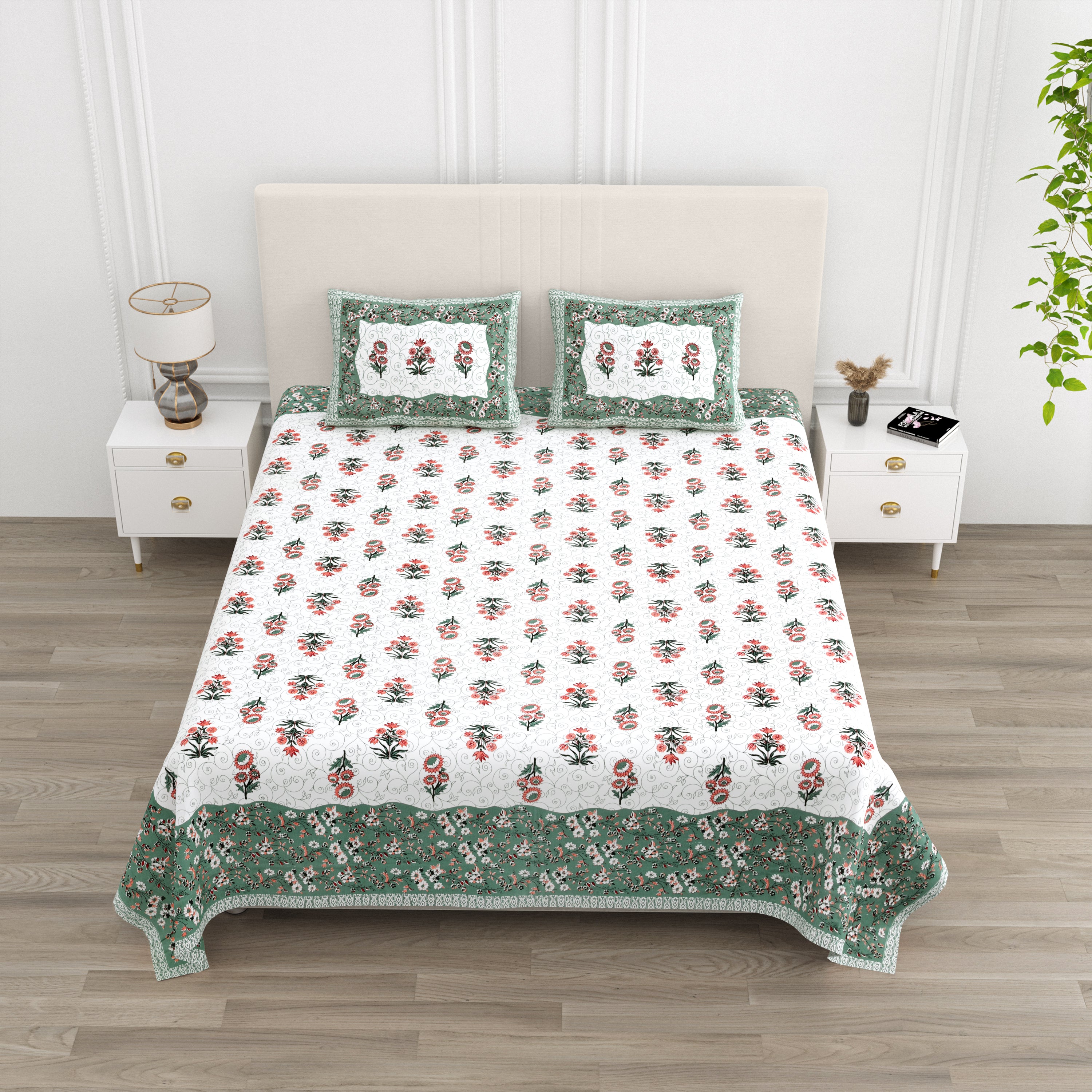 Luxe 100% Pure Cotton Printed Double Bed Bedsheet – With 2 Pillow Covers