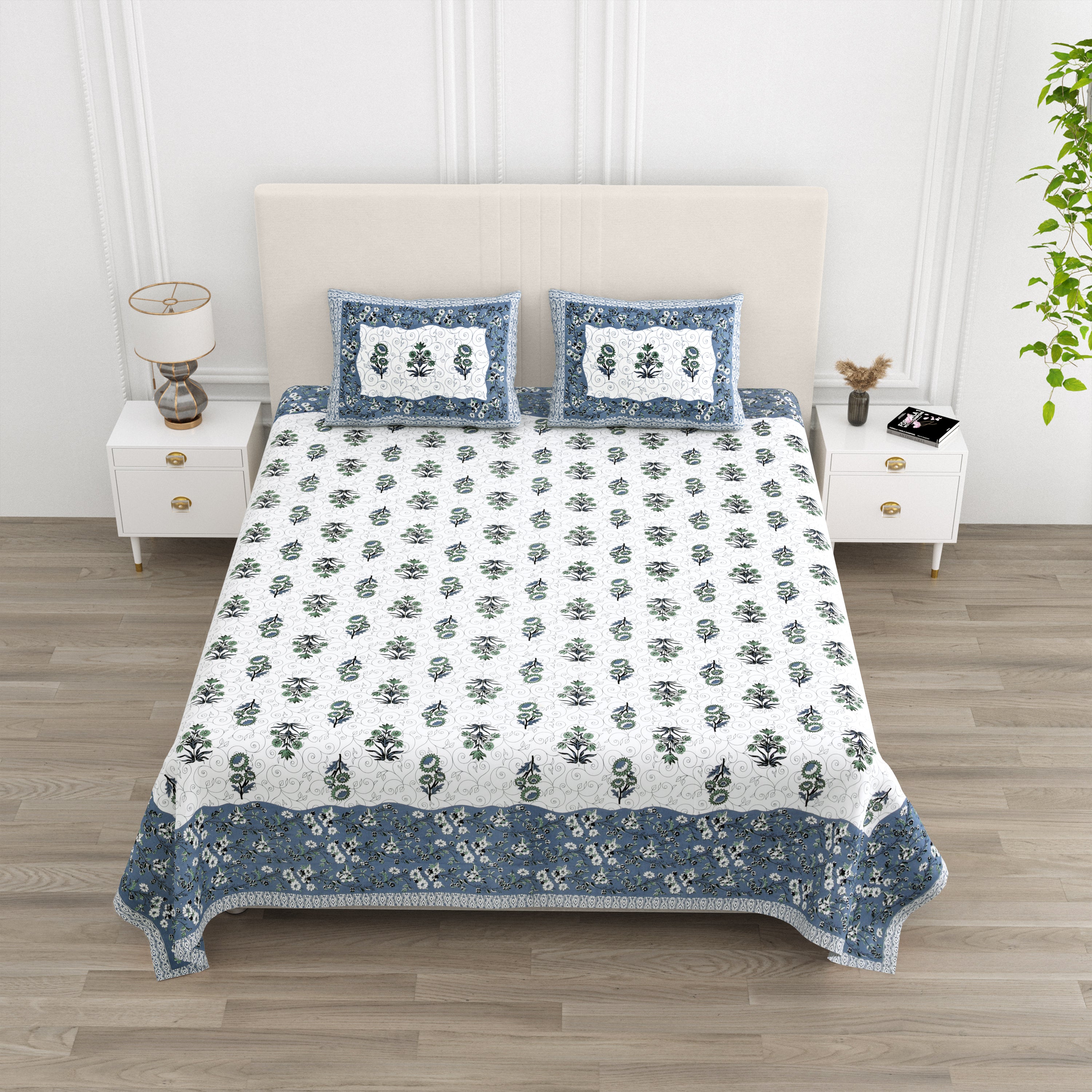 Luxe 100% Pure Cotton Printed Double Bed Bedsheet – With 2 Pillow Covers