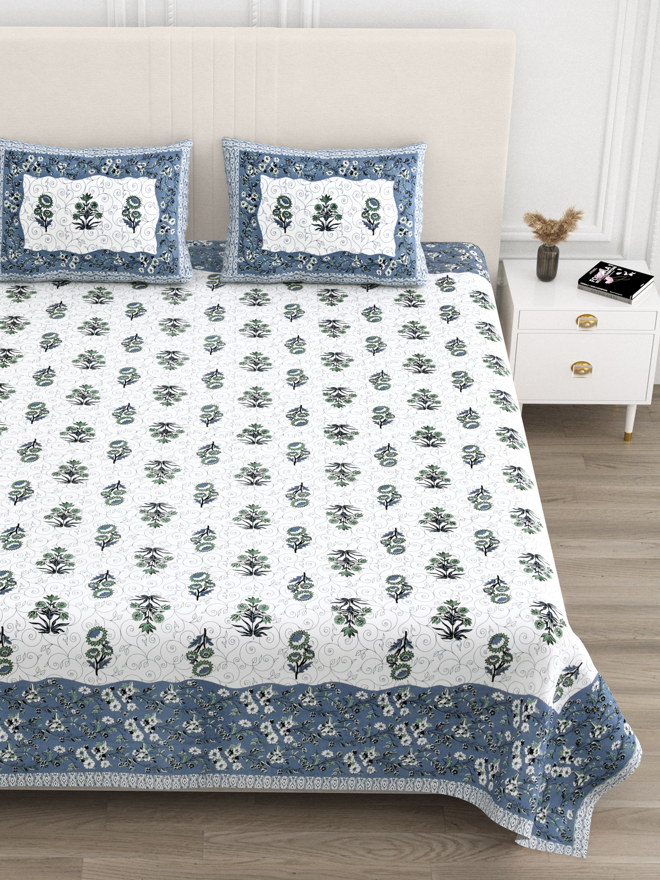 Luxe 100% Pure Cotton Printed Double Bed Bedsheet – With 2 Pillow Covers