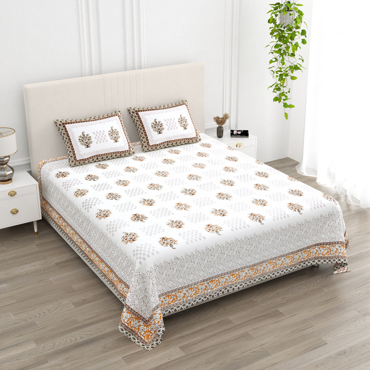 Luxe 100% Pure Cotton Printed Double Bed Bedsheet – With 2 Pillow Covers