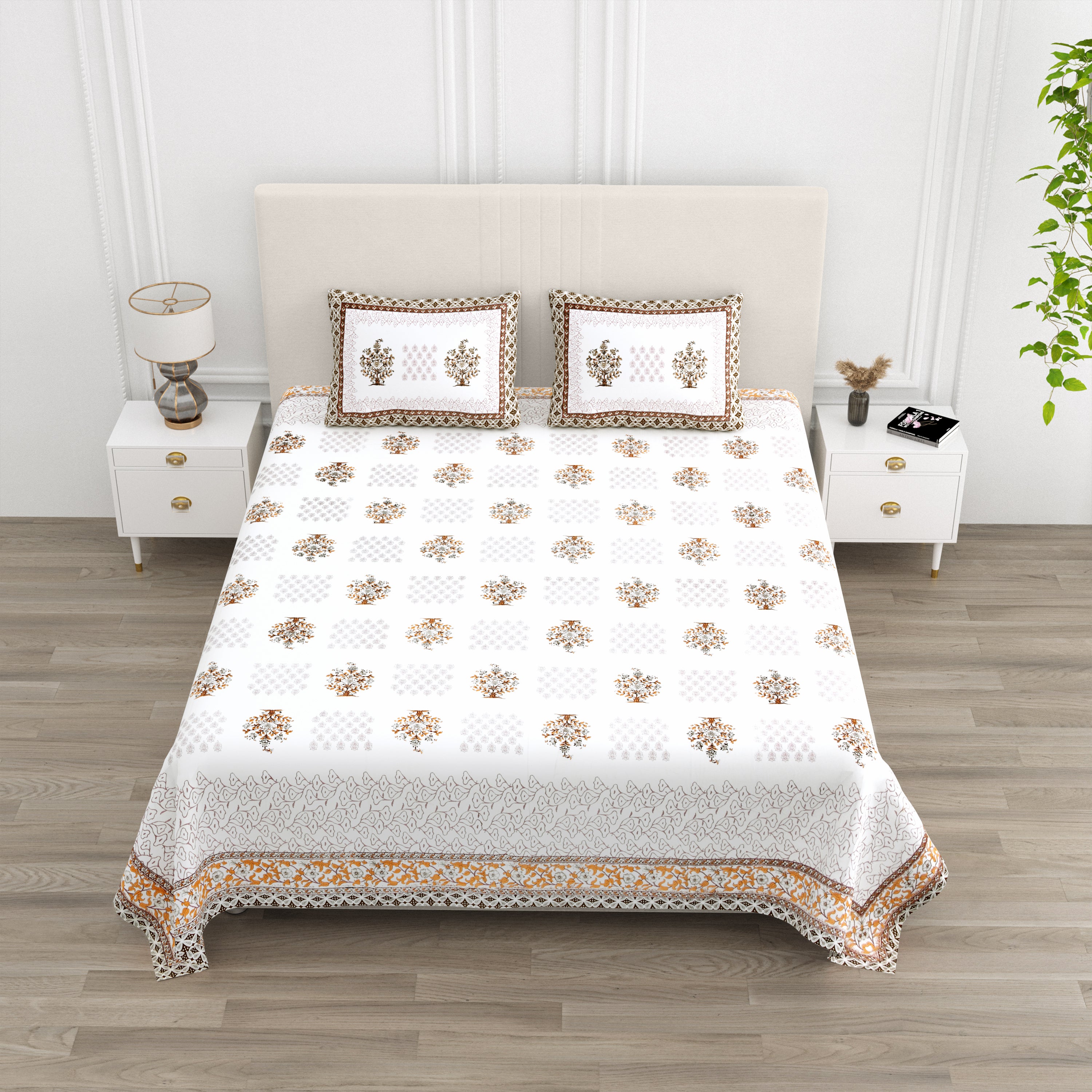 Luxe 100% Pure Cotton Printed Double Bed Bedsheet – With 2 Pillow Covers