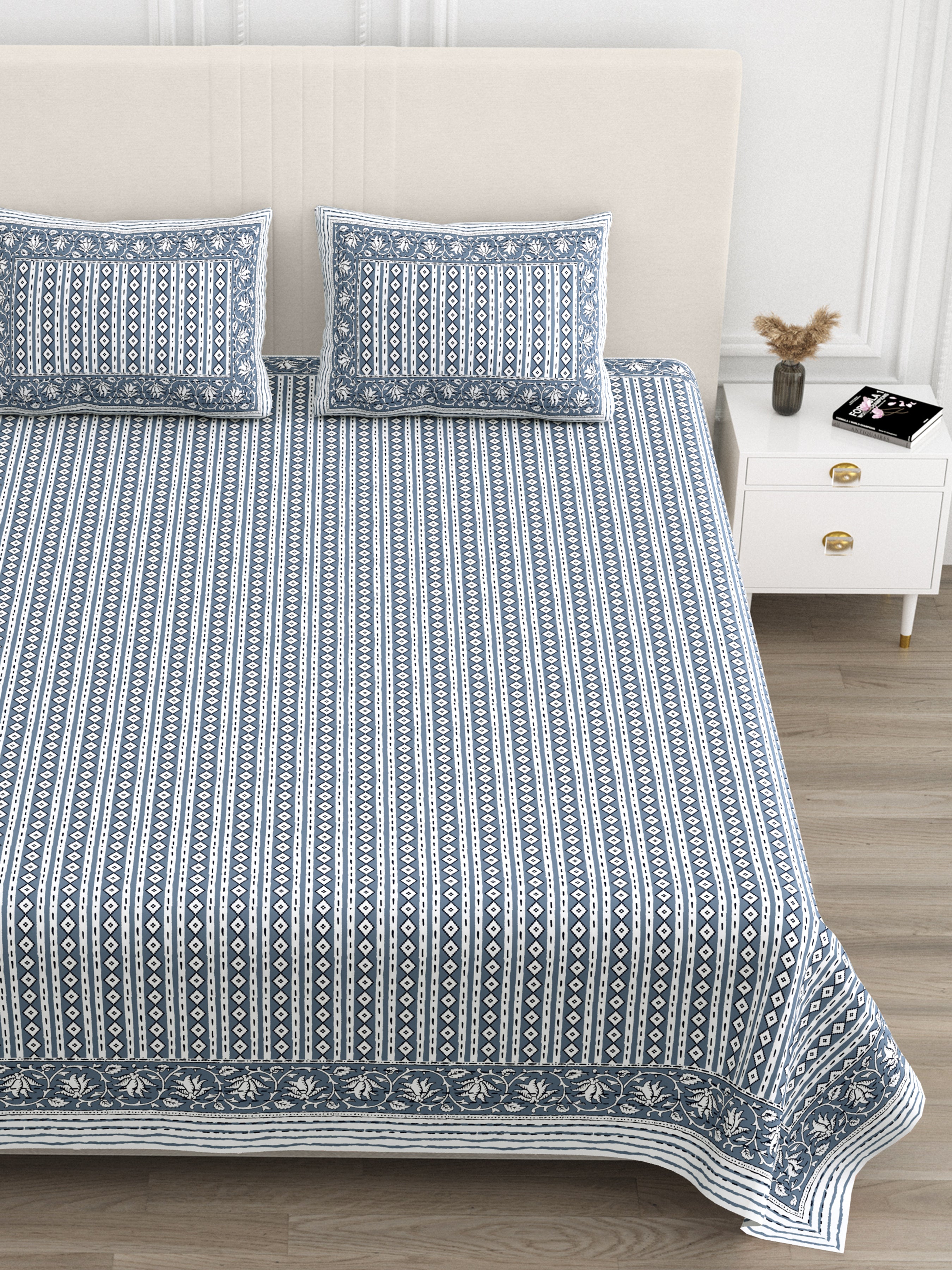 Luxe 100% Pure Cotton Printed Double Bed Bedsheet – With 2 Pillow Covers