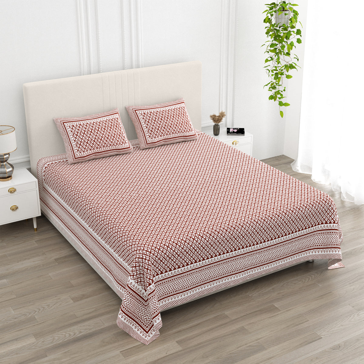 Luxe 100% Pure Cotton Printed Double Bed Bedsheet – With 2 Pillow Covers