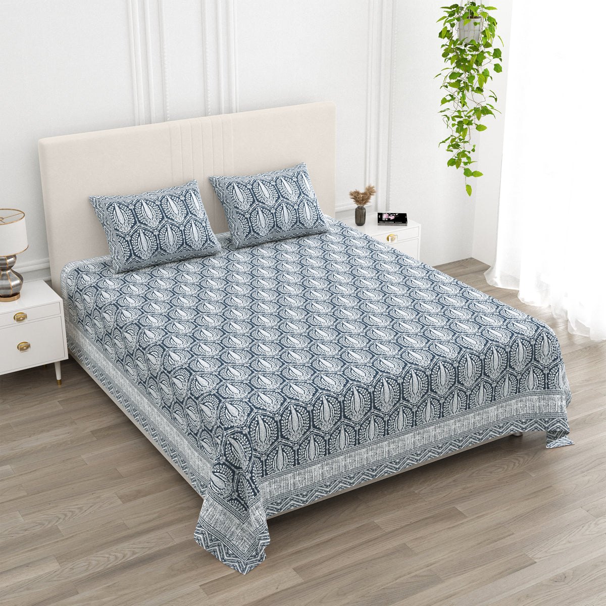 Luxe 100% Pure Cotton Printed Double Bed Bedsheet – With 2 Pillow Covers