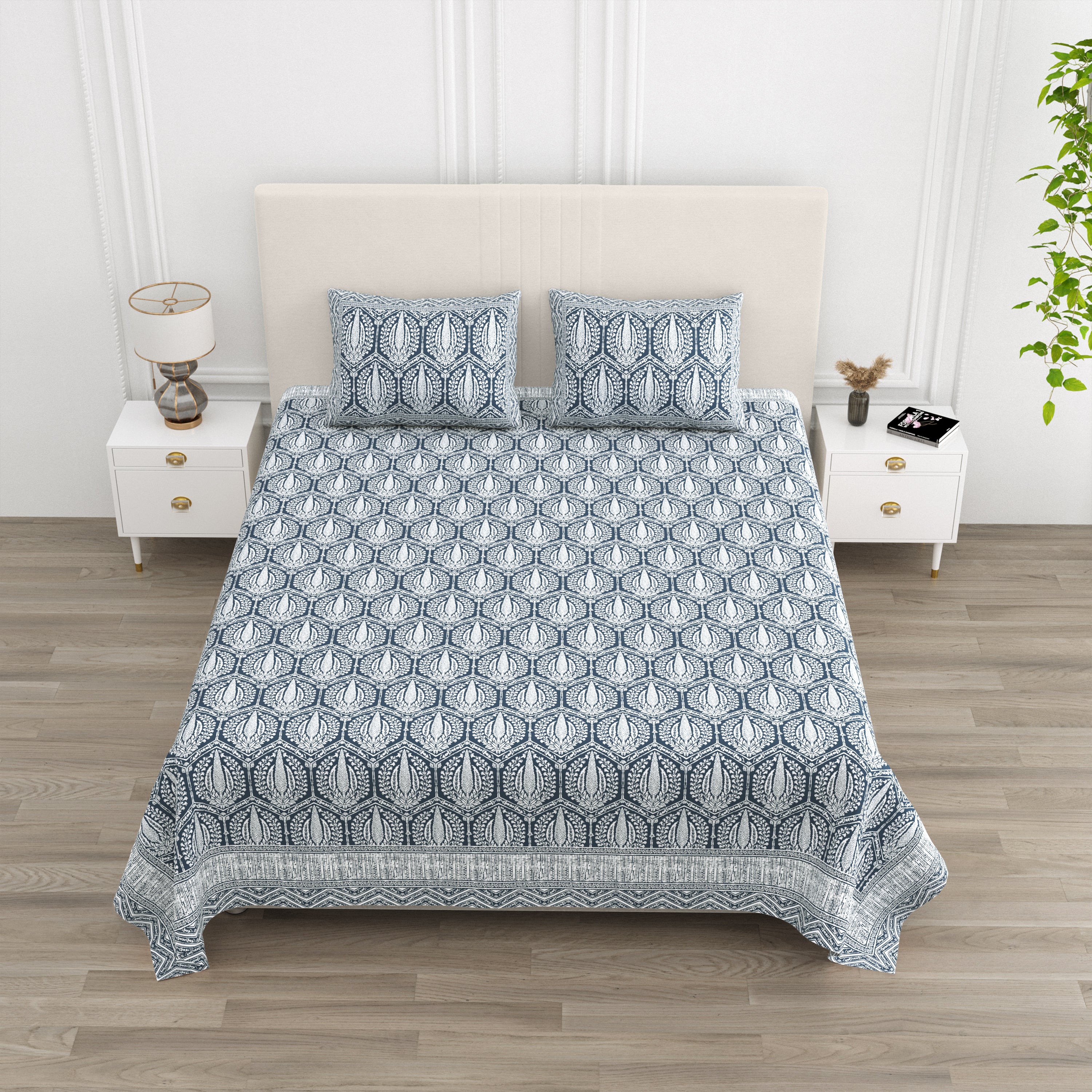 Luxe 100% Pure Cotton Printed Double Bed Bedsheet – With 2 Pillow Covers