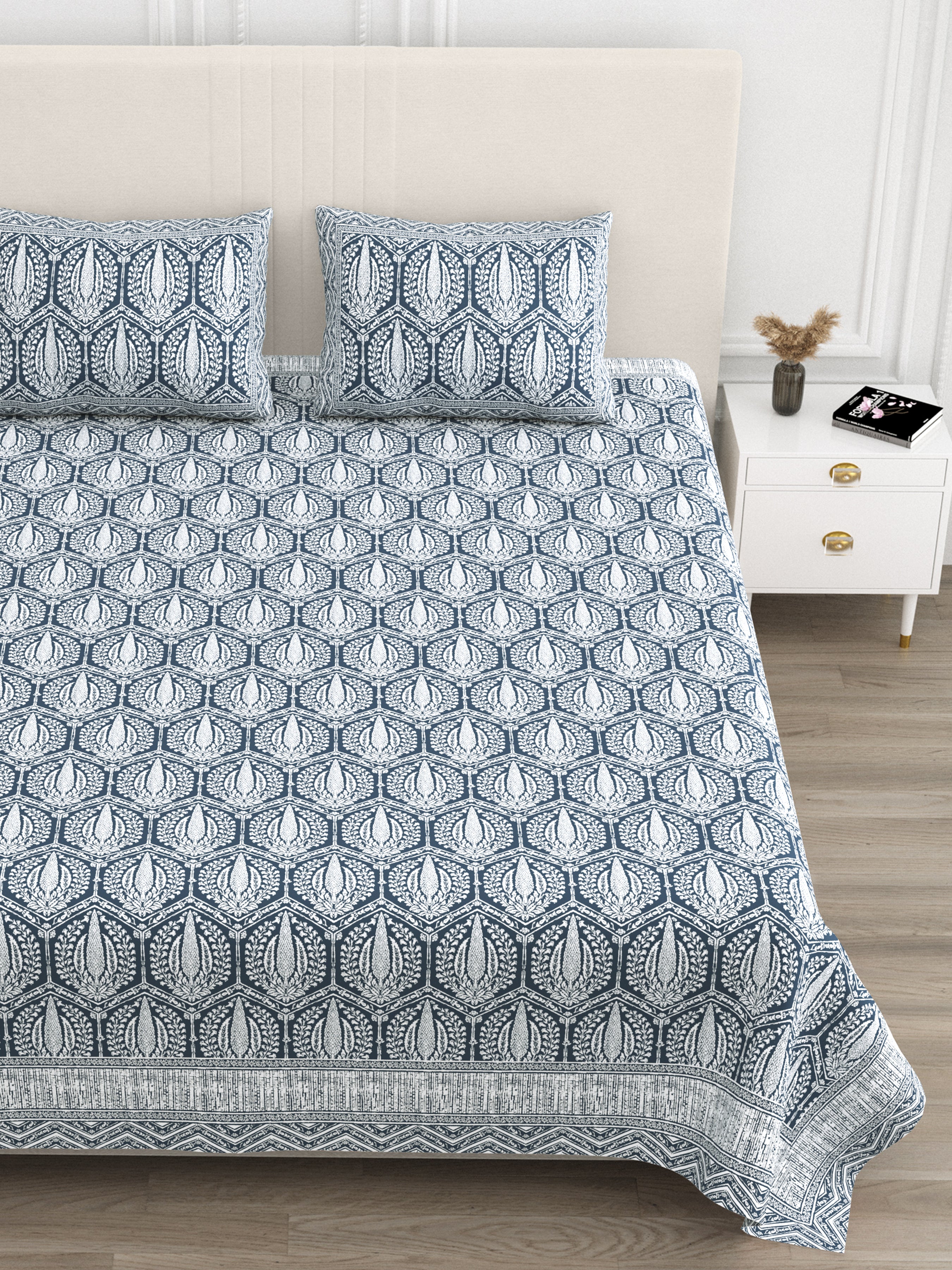Luxe 100% Pure Cotton Printed Double Bed Bedsheet – With 2 Pillow Covers