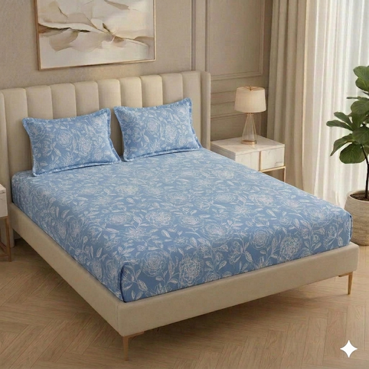 Fabicra Summer Cotton Elastic Fitted King Size Double Bed Bedsheet with 2 Pillow Covers (New)
