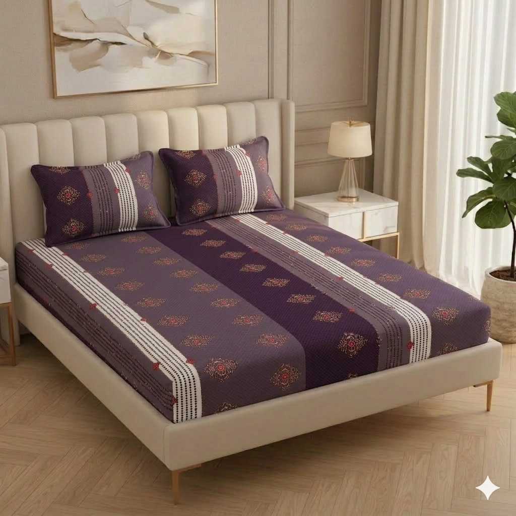 Fabicra Purple Gradient Cotton Elastic Fitted King Size Double Bed Bedsheet with 2 Pillow Covers (New)