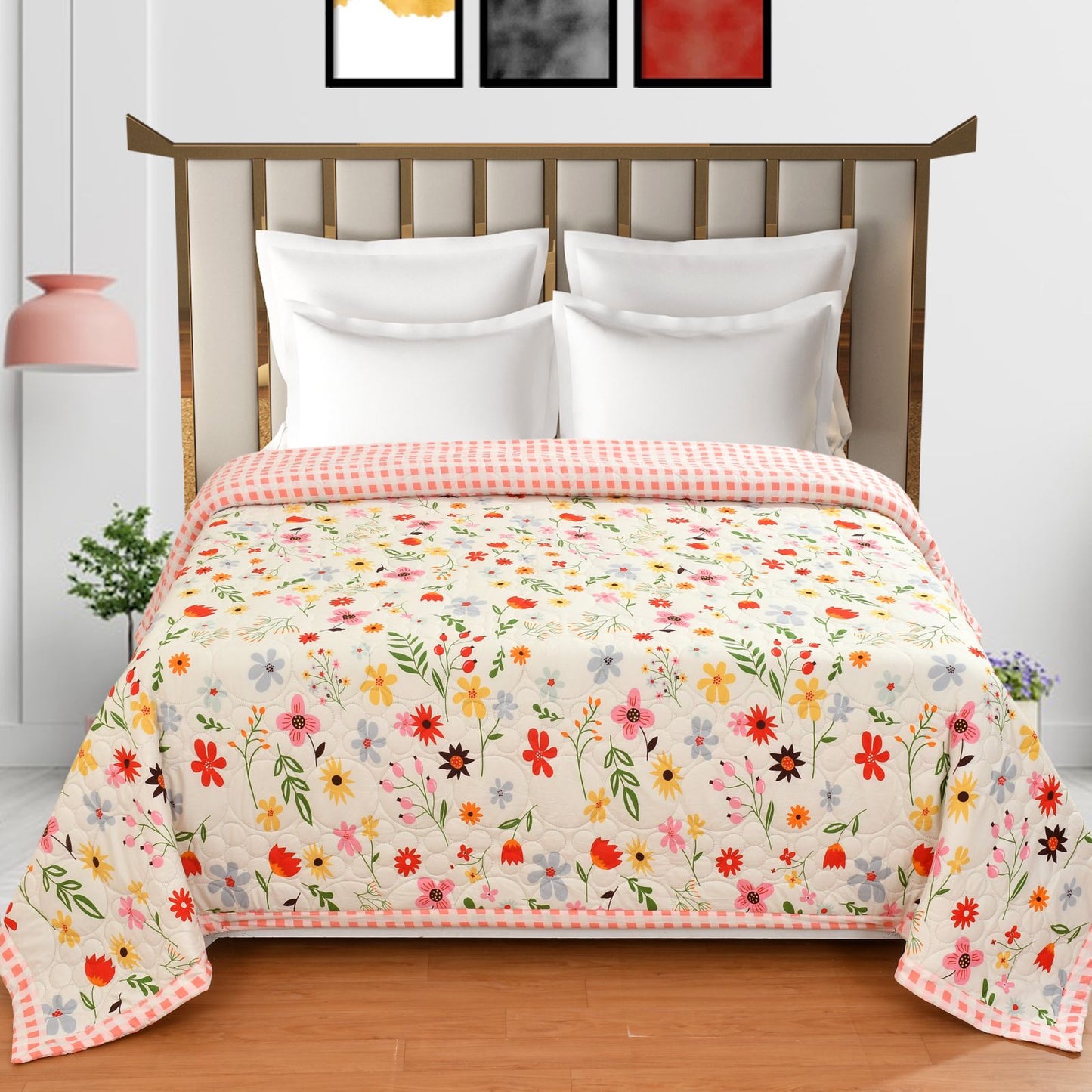 Multi Floral Summer Touch Double Bed AC Comforter/Blanket Reversible by Fabicra