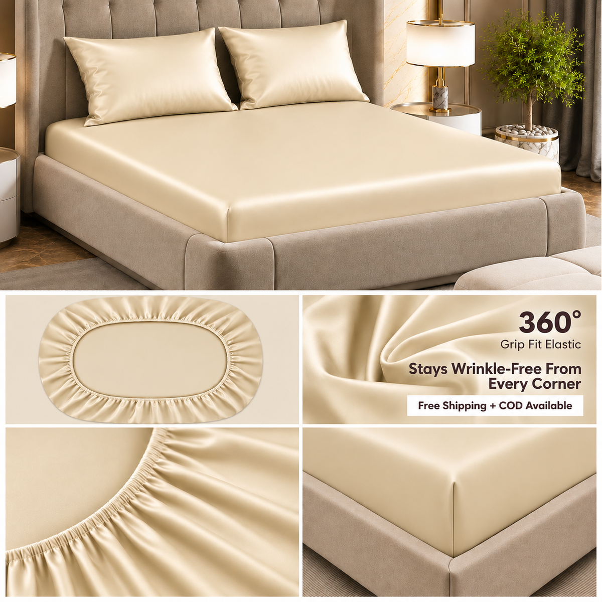 Fabicra Satin Elastic Fitted King Size Double Bed Bedsheet with 2 Pillow Covers (BOGO)