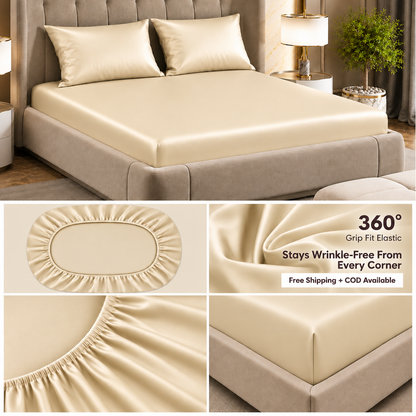 Fabicra Satin Elastic Fitted King Size Double Bed Bedsheet with 2 Pillow Covers (BOGO)