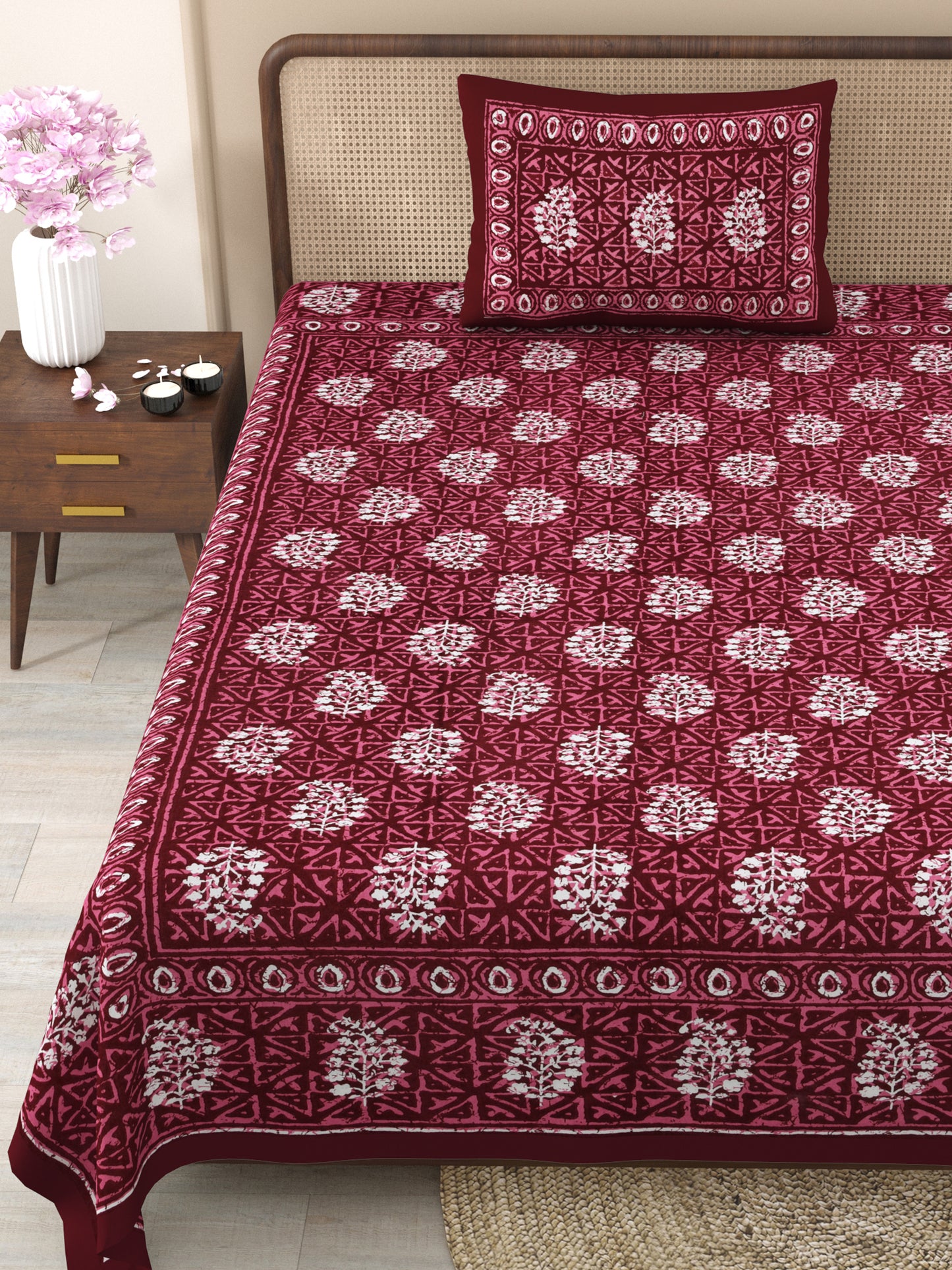 Fabicra Ethnic Dabu Printed Cotton Single Bed Bedsheet With 1 Pillow Cover