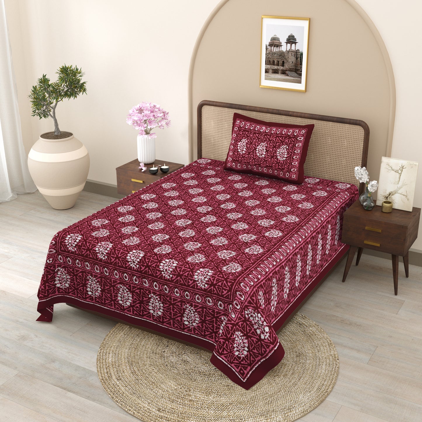 Fabicra Ethnic Dabu Printed Cotton Single Bed Bedsheet With 1 Pillow Cover