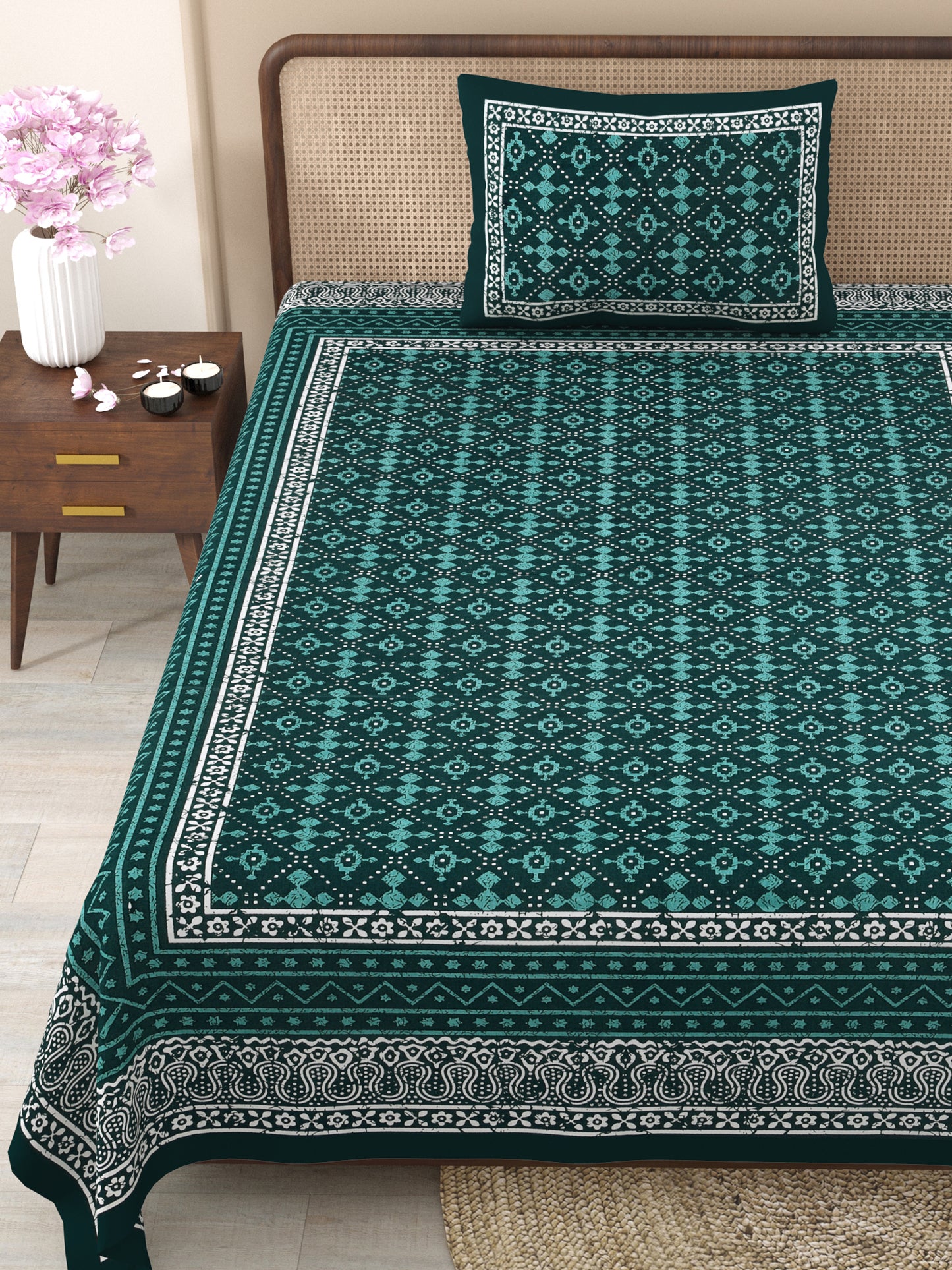 Fabicra Ethnic Dabu Printed Cotton Single Bed Bedsheet With 1 Pillow Cover