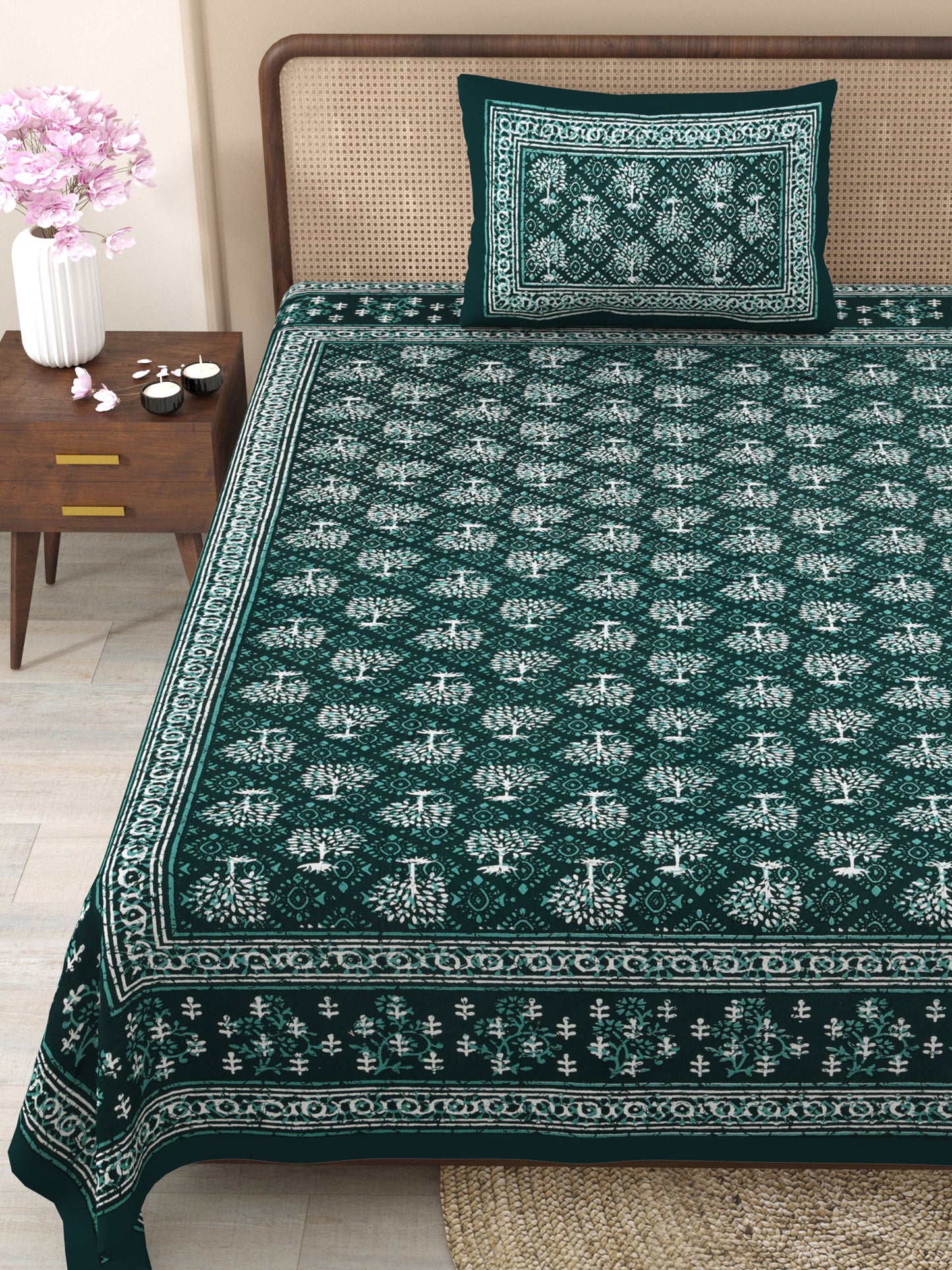 Fabicra Ethnic Dabu Printed Cotton Single Bed Bedsheet With 1 Pillow Cover