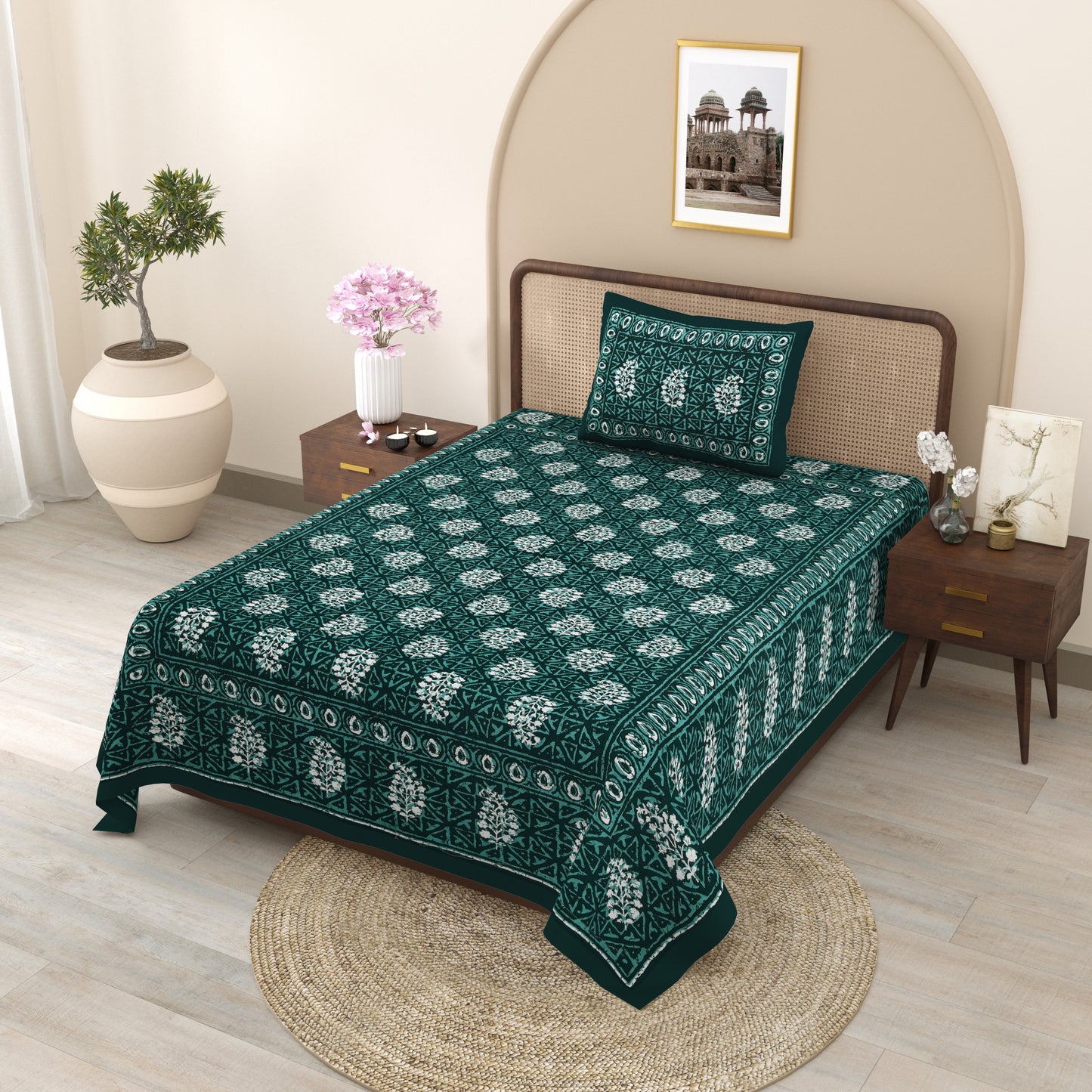 Fabicra Ethnic Dabu Printed Cotton Single Bed Bedsheet With 1 Pillow Cover