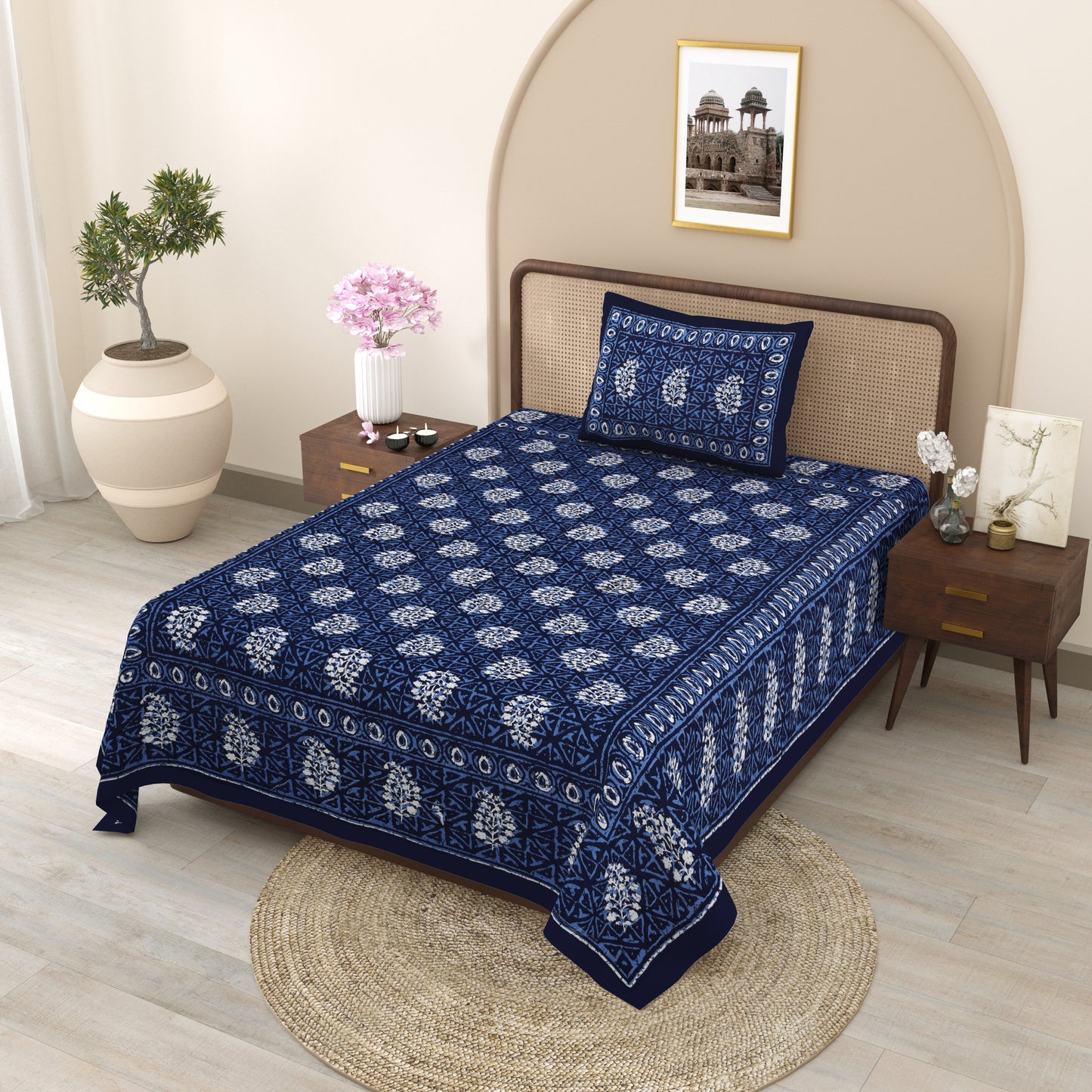 Fabicra Ethnic Dabu Printed Cotton Single Bed Bedsheet With 1 Pillow Cover