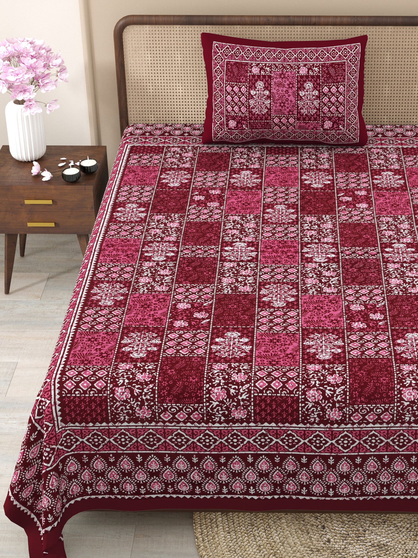 Fabicra Ethnic Dabu Printed Cotton Single Bed Bedsheet With 1 Pillow Cover