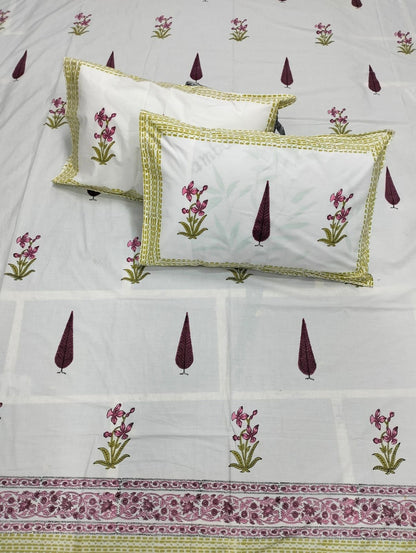 Fabicra Hand Block Printed 100% Cotton Double Bed Sheet With 2 Pillow Covers