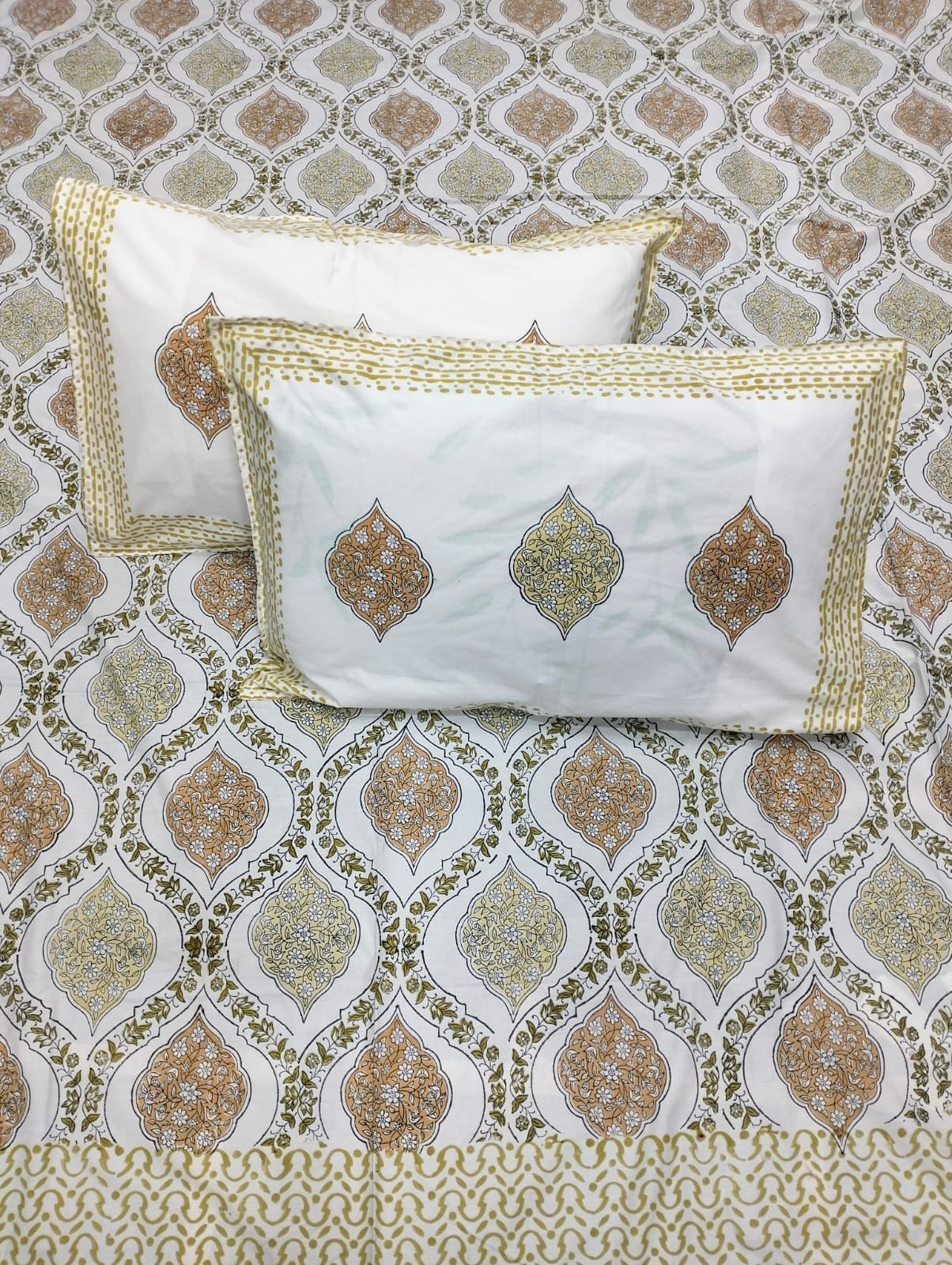 Fabicra Hand Block Printed 100% Cotton Double Bed Sheet With 2 Pillow Covers