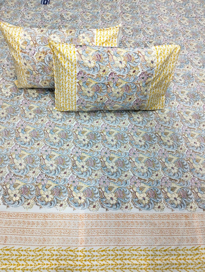 Fabicra Hand Block Printed 100% Cotton Double Bed Sheet With 2 Pillow Covers