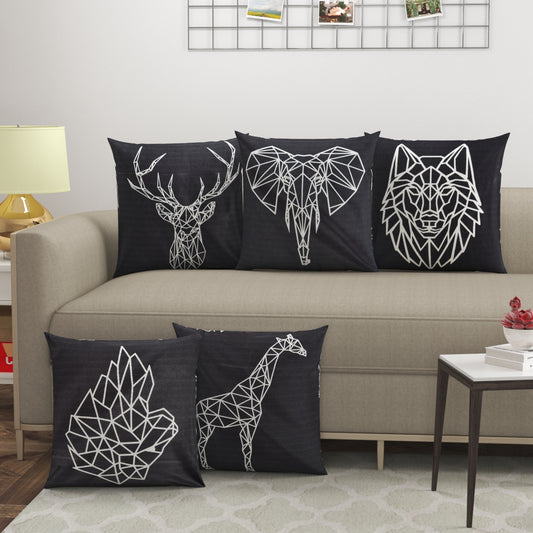 Animal Printed Black Cushion Covers - Set Of 5