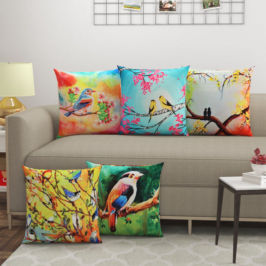 Birds Printed Multicolor Cushion Covers - Set Of 5