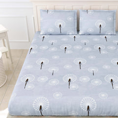 Fabicra Blue Floral Elastic Fitted Cotton Blend King Size Double Bed Bedsheet with 2 Pillow Covers
