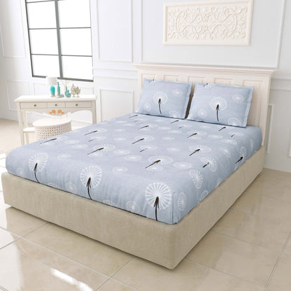 BOGO Fabicra Blue Floral Elastic Fitted Cotton Blend Double Bed Bedsheets with 2 Pillow Covers