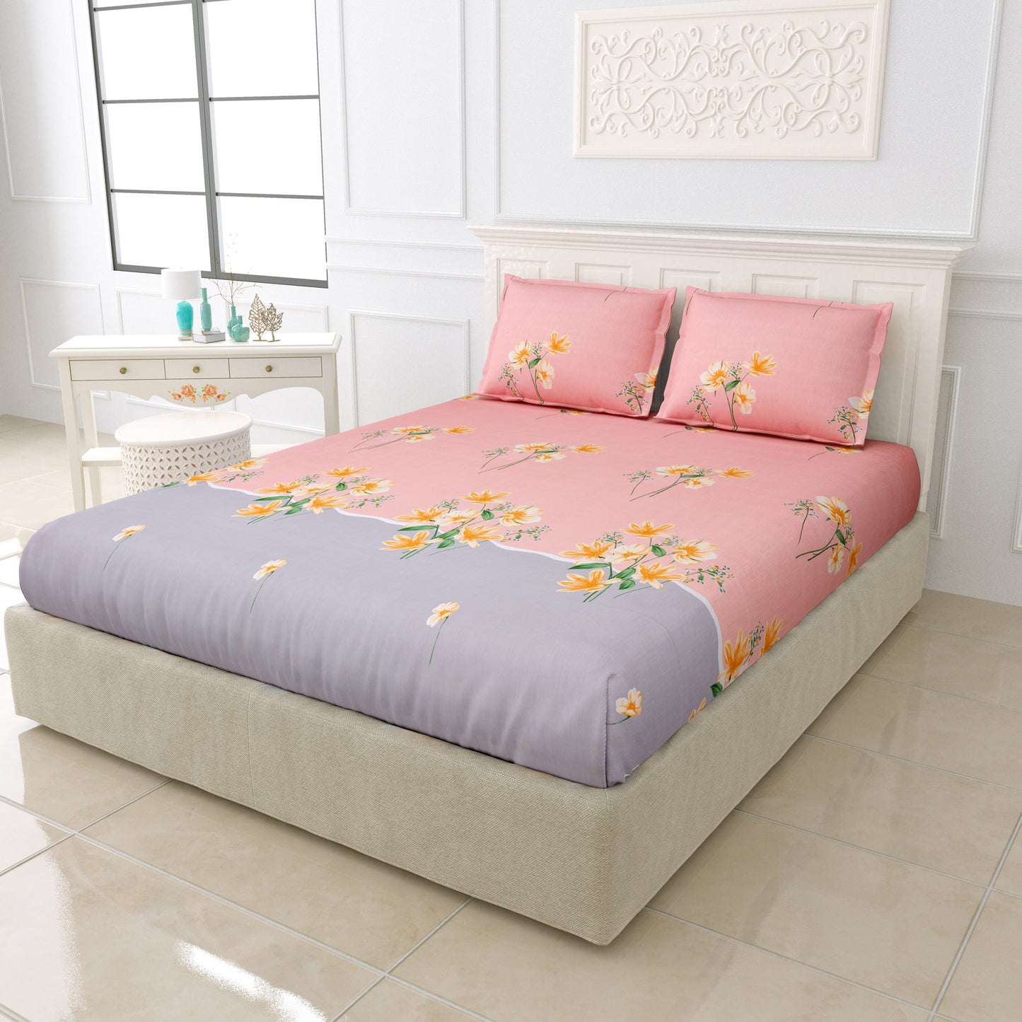 Fabicra Multicolor Elastic Fitted Cotton Blend Double Bed Bedsheets with 2 Pillow Covers