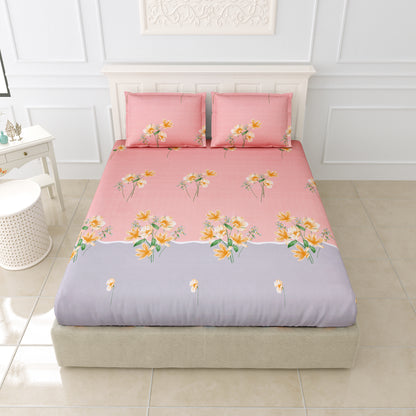 Fabicra Multicolor Elastic Fitted Cotton Blend Double Bed Bedsheets with 2 Pillow Covers