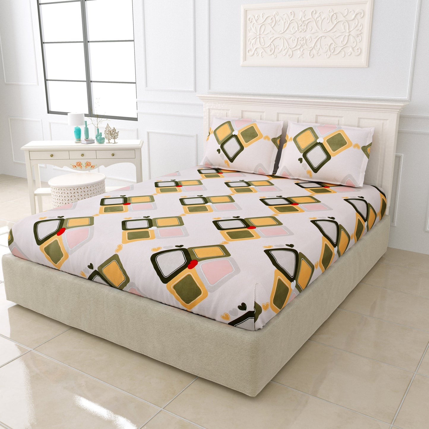 BOGO Fabicra Multicolor Elastic Fitted Cotton Blend Double Bed Bedsheets with 2 Pillow Covers