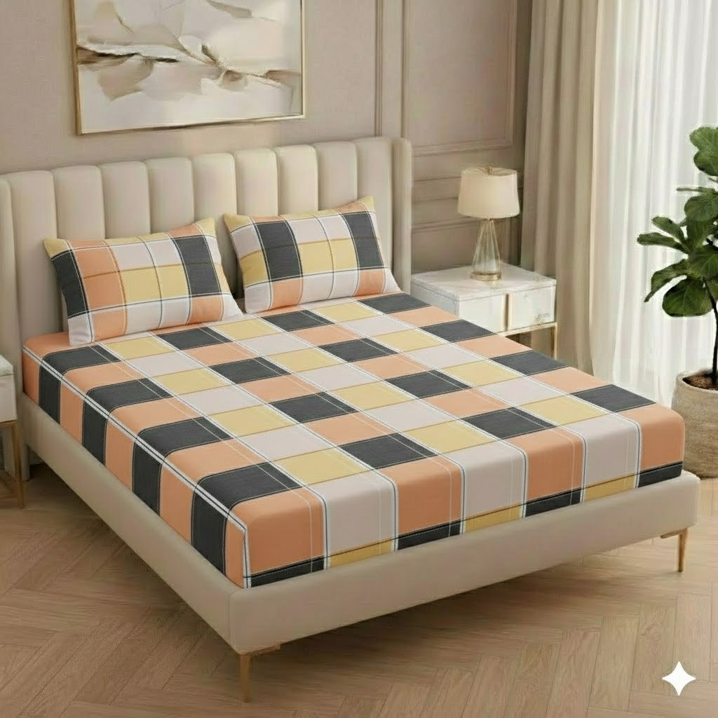 BOGO Fabicra Multicolor Elastic Fitted Cotton Blend Double Bed Bedsheets with 2 Pillow Covers