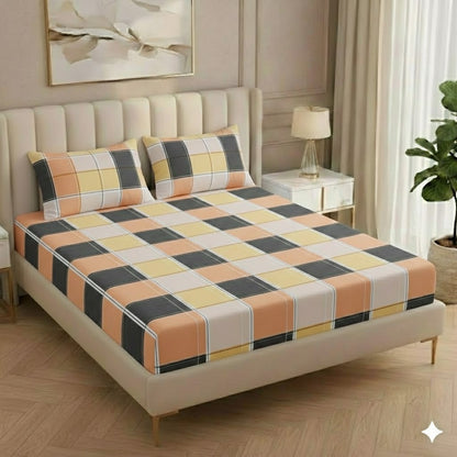 BOGO Fabicra Multicolor Elastic Fitted Cotton Blend Double Bed Bedsheets with 2 Pillow Covers