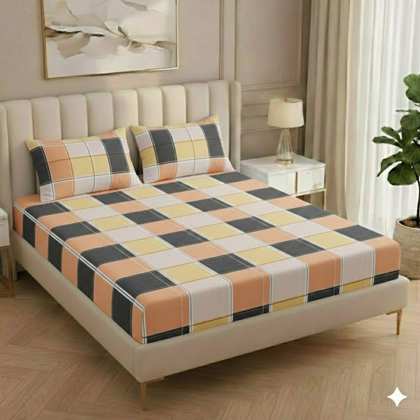 BOGO Fabicra Multicolor Elastic Fitted Cotton Blend Double Bed Bedsheets with 2 Pillow Covers