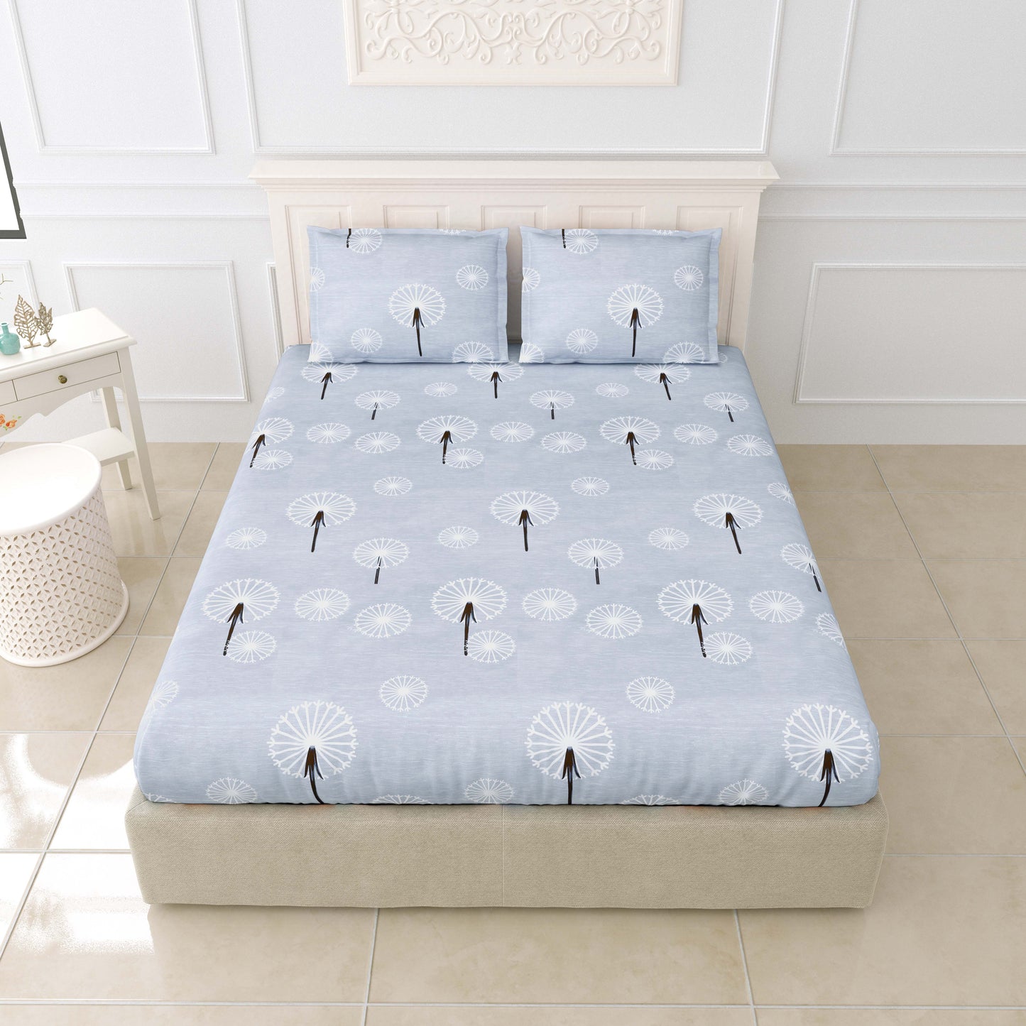 BOGO Fabicra Blue Floral Elastic Fitted Cotton Blend Double Bed Bedsheets with 2 Pillow Covers