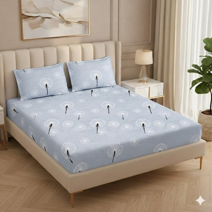 Fabicra Blue Floral Elastic Fitted Cotton Blend King Size Double Bed Bedsheet with 2 Pillow Covers