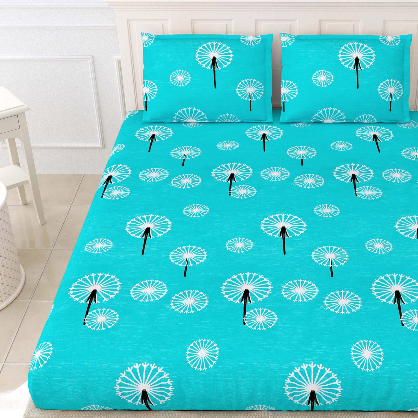 Fabicra Blue Floral Elastic Fitted Cotton Blend King Size Double Bed Bedsheet with 2 Pillow Covers