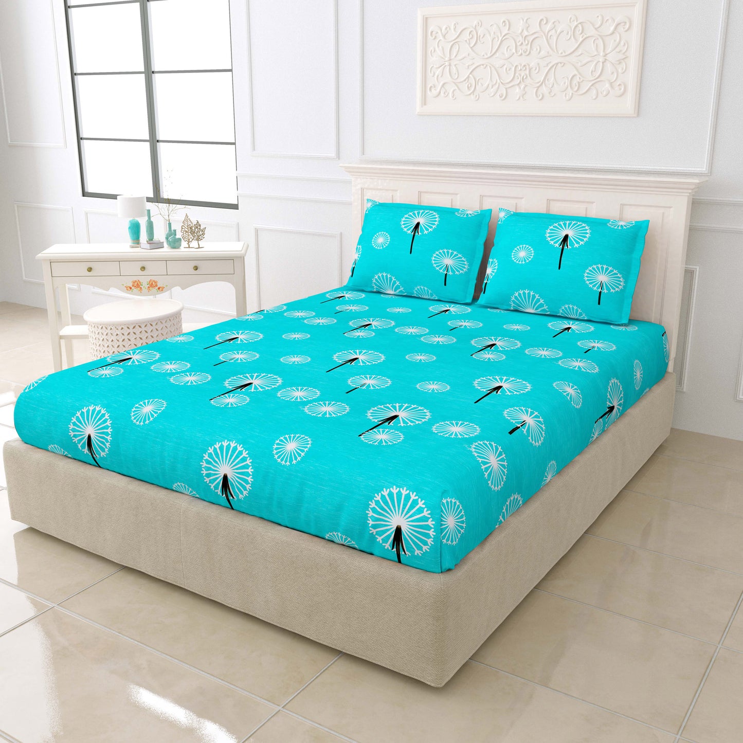 Fabicra Blue Floral Elastic Fitted Cotton Blend King Size Double Bed Bedsheet with 2 Pillow Covers