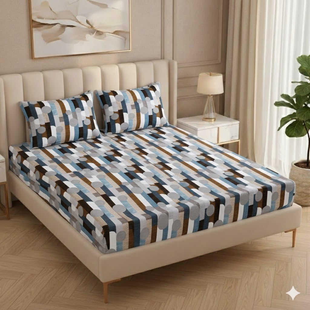 Fabicra Multicolor Elastic Fitted Cotton Blend Double Bed Bedsheets with 2 Pillow Covers