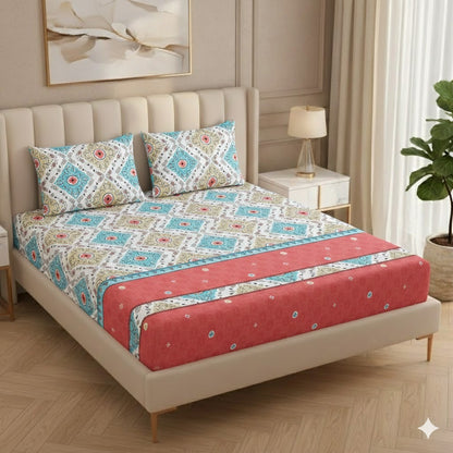 Fabicra Multicolor Elastic Fitted Cotton Blend Double Bed Bedsheets with 2 Pillow Covers