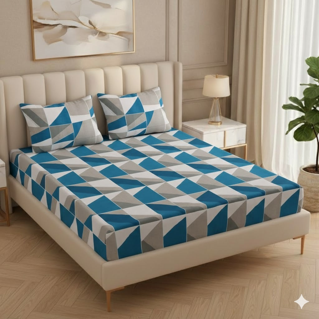 Fabicra Multicolor Elastic Fitted Cotton Blend Double Bed Bedsheets with 2 Pillow Covers